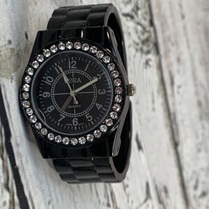 Bora Black Crystal Rhinestone Bezel Watch Quartz Analog‎ Fashion Timepiece